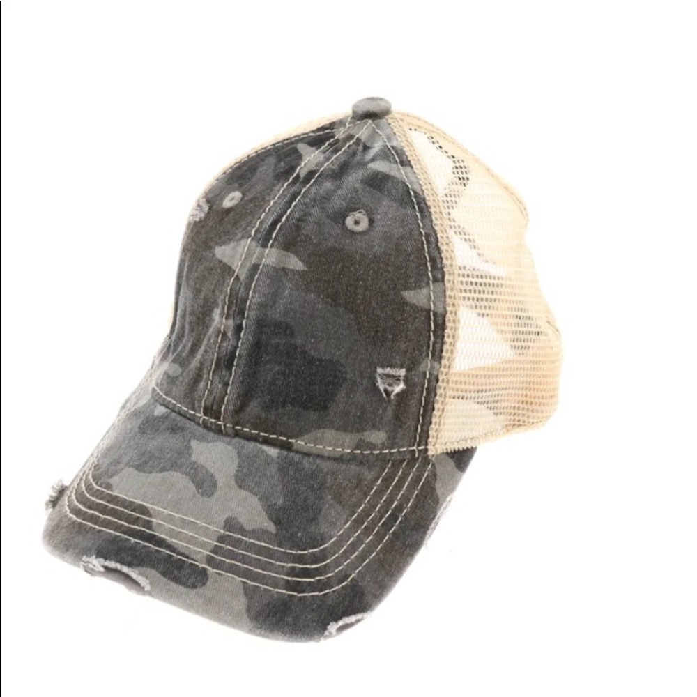Grey camouflage high ponytail cap